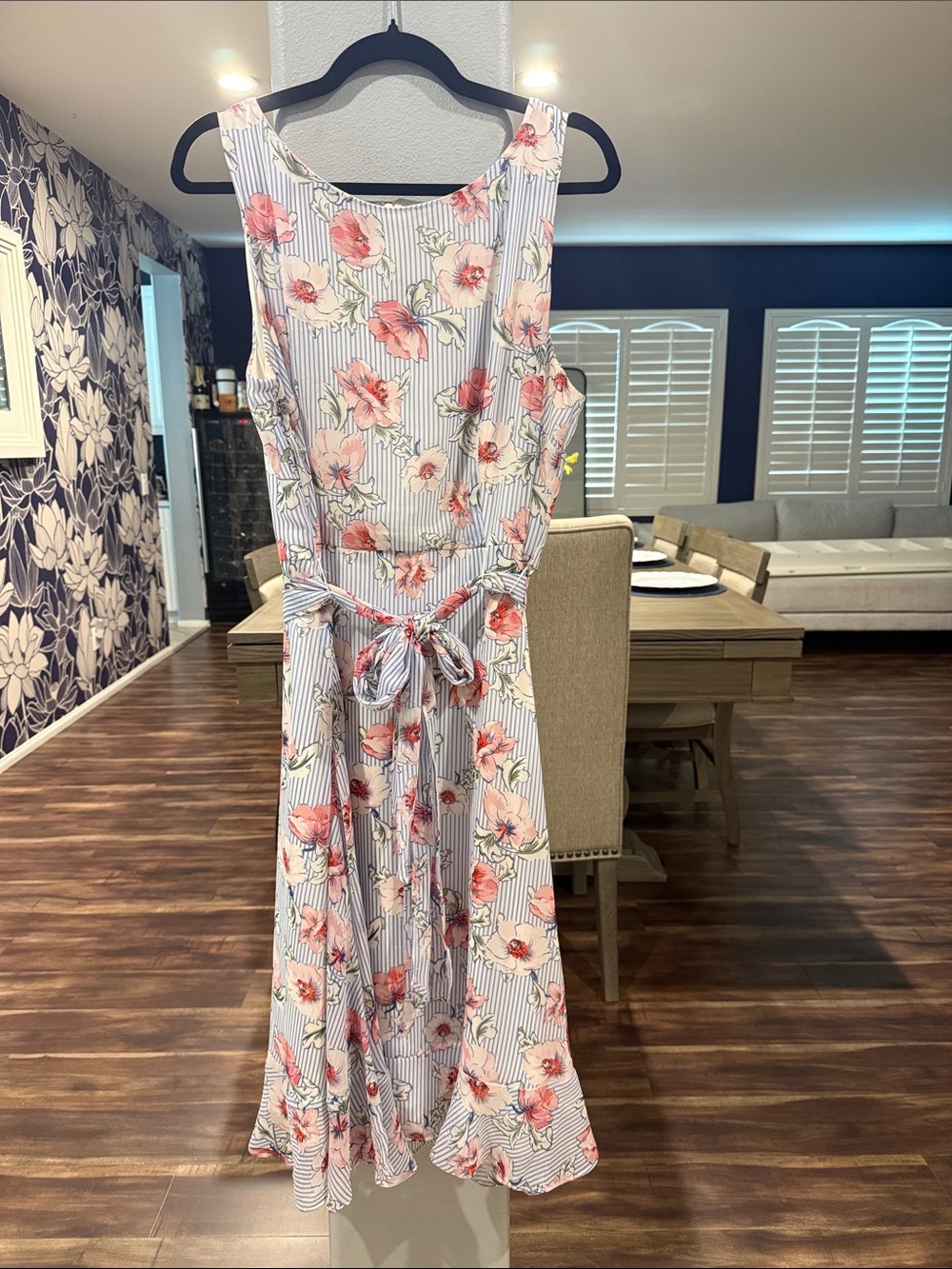 Sandra Darren Pink Floral Stripe Tie-Waist Midi Dress